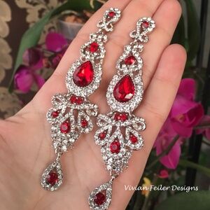Red Earrings Long Chandelier Statement Pageant Prom